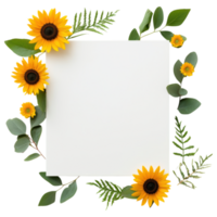 Free Isolated on Transparent Background, Bright sunflowers and lush green leaves create beautiful frame for your message or artwork png