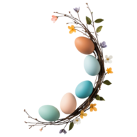 Free Isolated on Transparent Background, Easter eggs arranged in beautiful frame with colorful flowers create joyful spring atmosphere png