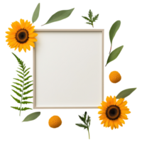 Free Isolated on Transparent Background, Bright sunflowers and green leaves surround blank frame creating vibrant floral display png