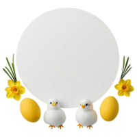 Free Isolated on Transparent Background, delightful Easter frame featuring two cute chicks, vibrant yellow eggs, and cheerful flowers png