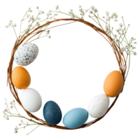 Free Isolated on Transparent Background, Colorful easter eggs arranged in beautiful frame with delicate flowers create joyful spring atmosphere png