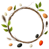 Free Isolated on Transparent Background, Easter frame with colorful eggs and leaves creates festive atmosphere png