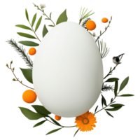 Free Isolated on Transparent Background, beautiful easter frame surrounds white egg with vibrant flowers and greenery creating festive atmosphere png