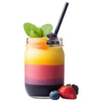 Free Isolated on Transparent Background, colorful smoothie drink with layers of fruit flavors garnished with mint leaves and berries png