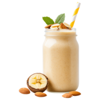 Free Isolated on Transparent Background, Creamy smoothie drink topped with banana slices and almonds offers refreshing taste png