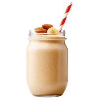 Free Isolated on Transparent Background, Creamy smoothie drink topped with almonds and banana in glass jar with striped straw png
