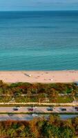 Multiple vehicle move by the highway along the beautiful beach in Miami. Blue waterscape of the Atlantic Ocean at backdrop. Top view. Vertical video