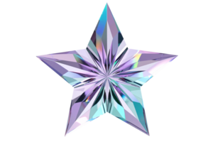 Intricate faceted crystal star with holographic and iridescent light reflections on transparent background png
