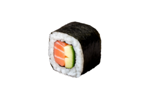A vibrant sushi roll featuring fresh salmon and cucumber, wrapped in seaweed. Perfect for food lovers and culinary enthusiasts. Ideal for modern dining trends. png