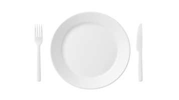 A minimalist setting featuring an empty white plate flanked by a fork and knife, perfect for culinary presentations or dining concepts in modern aesthetics. png