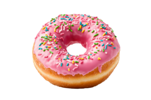 This vibrant pink donut topped with colorful sprinkles is a delightful treat. Perfect for dessert lovers, it embodies fun and indulgence in every bite. png