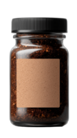 A clear glass jar filled with rich coffee grounds, featuring a blank label for customization. Perfect for showcasing coffee products or DIY projects in modern kitchens. png