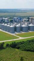 Modern agro-processing factory. Grain elevators on green field. Large territory with metal seed silos in the countryside in sunny summer day. Aerial view. Vertical video