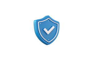 A blue 3D shield with a white checkmark at its center, symbolizing security, protection, and trustworthiness in a sleek modern design png