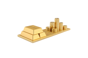 A stack of gold bars accompanied by neatly stacked gold coins on a base, representing wealth, financial security, and tangible assets png