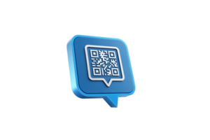 3d azul quadrado contendo uma qr código, emoldurado de uma discurso bolha contorno, enfatizando do utilizador interação e digital digitalização tecnologias png