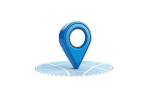 Blue 3D map pin resting on a circular grid map, symbolizing precise geolocation and navigation in a clean, modern design png