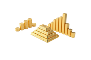 Arranged golden elements coins stacked high, gold bars forming a pyramid, and ascending rectangular blocks symbolizing increasing financial stability and growth png