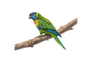 An angle of a green, blue, and yellow parrot on a rustic branch, emphasizing its lifelike colors and intricate feather detailing png