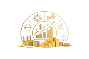 Gold bars and coins with a backdrop of financial icons gears, graphs, and arrows symbolizing economic growth, investment strategies, and upward progress png