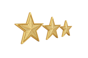 Three golden stars arranged in a row, each slightly angled, suggesting quality ratings, awards, or recognition png
