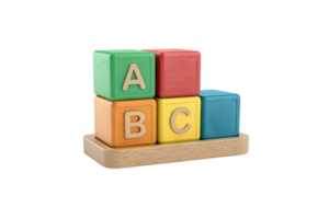 Stacked colorful wooden blocks with engraved letters A, B, and C, symbolizing early education and playful learning, set on a wooden tray png