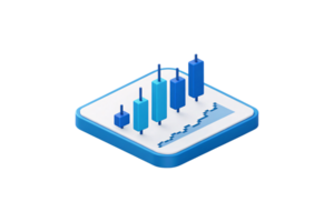 3D candlestick chart in varying blue shades, presenting financial trends on a minimalist white base, emphasizing clarity and data-driven insights png
