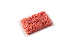 A compact rectangle of raw ground meat, vividly pink with fine texture, neatly placed on a pristine white rectangular tray png