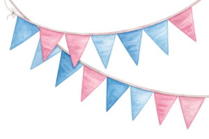 Two strings of pink and blue bunting flags, artistically arranged with vibrant watercolor texture, perfect for festive occasions or gender-reveal themes png