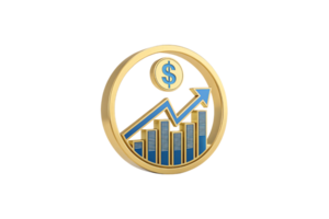 A gold circular emblem featuring a blue upward-pointing arrow, bar chart, and a dollar sign symbolizing financial growth, success, and economic progress png