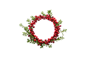 A circular wreath made of vibrant red cranberries and fresh green foliage, symbolizing festive cheer, arranged delicately with a natural, rustic charm png