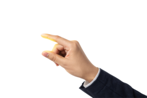 A hand in a suit jacket pinching two fingers with a glowing yellow light emanating from the fingertips on a black background png