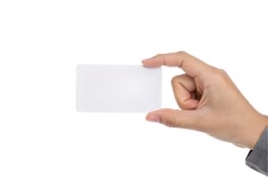 A hand holding a small, plain white card between the thumb and index finger, positioned against a black background png