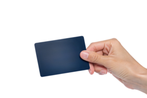 A close-up of a hand holding a blank, dark blue card, positioned prominently against a plain black background, suggesting simplicity and utility png