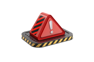 A red triangular alert icon with bold black stripes and a white exclamation mark, placed on a yellow-bordered black base png