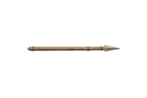 A decorative spear with a smooth wooden handle and a detailed metallic spearhead, showcasing intricate patterns and reinforced bindings png