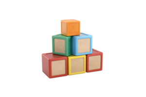 A pyramid of colorful toy blocks. The blocks are in red, green, yellow, blue, and orange, each featuring a wooden panel center png