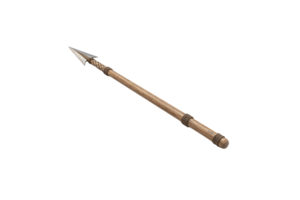A wooden spear with a sharp, metallic arrowhead. The shaft has intricate wrappings for grip. It appears primitive yet sturdy, designed for hunting or combat png