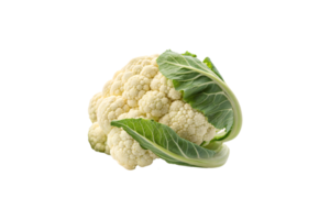 A pale cauliflower with firm florets surrounded by green leaves. The fresh produce is arranged neatly, highlighting its natural color and texture png