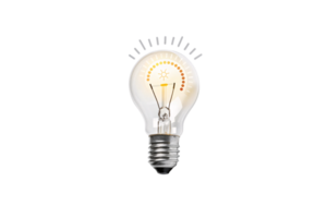 A glowing lightbulb with a minimalist design, emitting radial patterns of light, symbolizing ideas or innovation, isolated on a black background png