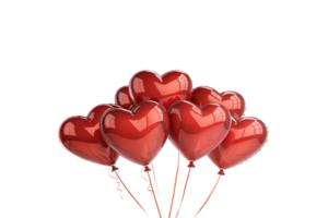 A vibrant bunch of glossy red heart-shaped balloons with thin red strings, floating upward, radiating love and celebration against a clean, black background png