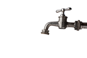 A close-up of a weathered, vintage-style metallic faucet, dripping with moisture, mounted on a pipe, with no visible background details png