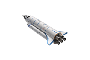 A detailed view of a futuristic rocket with blue accents and multiple engines, designed for interstellar travel png