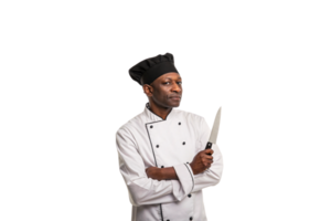 A confident chef in a white uniform and black hat, holding a sharp knife with an assertive gaze png