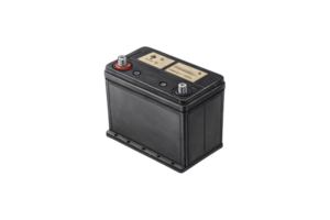 A rectangular black automotive battery with positive and negative terminals, featuring a golden label on top, sturdy design, and a functional appearance png