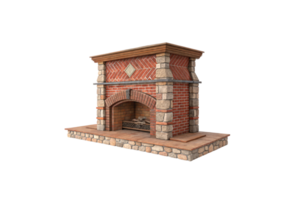 A rustic brick fireplace featuring a detailed stone base, wooden accents, and intricate masonry work, adding a cozy and traditional charm png