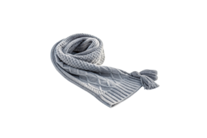 A soft gray knitted scarf with diamond and braided patterns, featuring a tassel detail, combining practicality and timeless style for winter days png