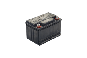 A sleek and industrial-looking car battery with bold terminal markings, designed to power modern automotive systems effectively png