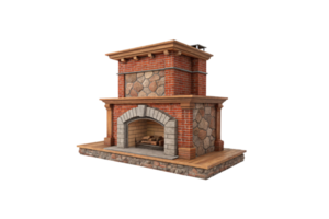 A robust brick fireplace with stone masonry, a solid wooden mantle, and decorative rock panels, exuding a blend of elegance and rusticity png