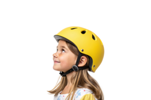 A young girl wearing a bright yellow helmet, looking upwards with a joyful smile, radiating innocence and adventure png